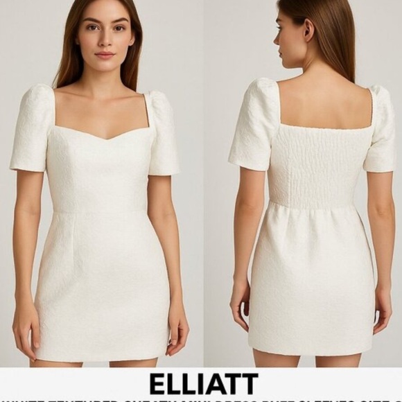 Elliatt Dresses & Skirts - New Elliatt White Textured Sheath Mini Dress Puff Sleeves Square Neck Size Small